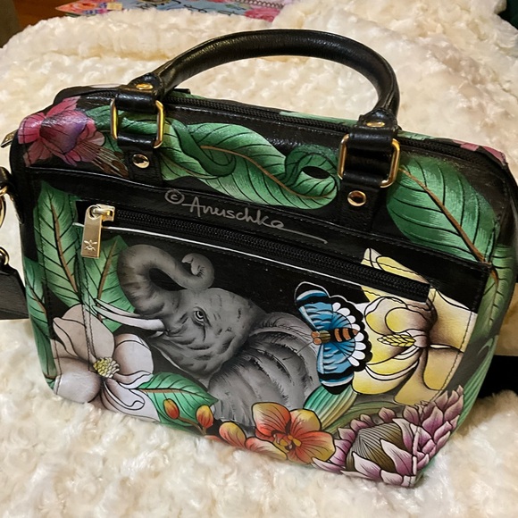 Anuschka Black Satchel with Colorful Wildlife Art - Picture 1 of 12